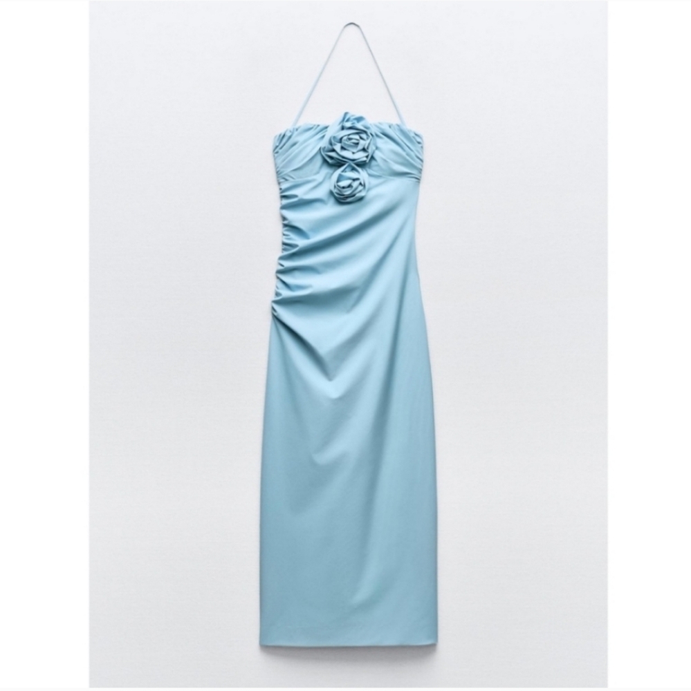 Zara FLOWERS MIDI DRESS BLUE SIZE L XL - Picture 9 of 16